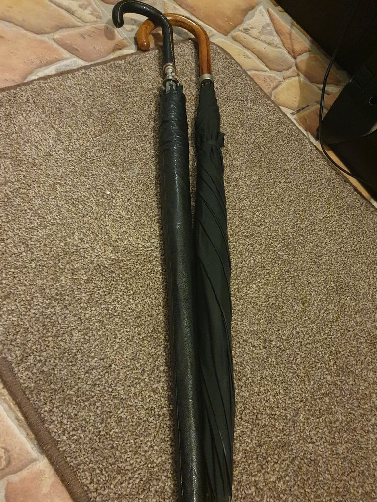 2 Vintage Pop Up Umbrellas, Great Condition For Age, No Damage, Clean, Wood & Leather Handles