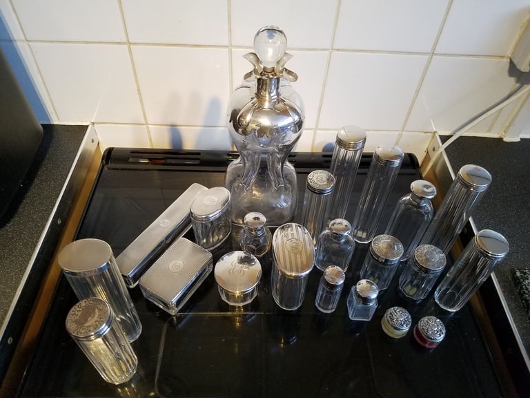 Antique Vanity Jars With Sterling Silver Lids.