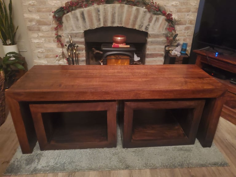Chunky Indian Wood Coffee Table plus Two Side Tables That Can Sit Beneath. 