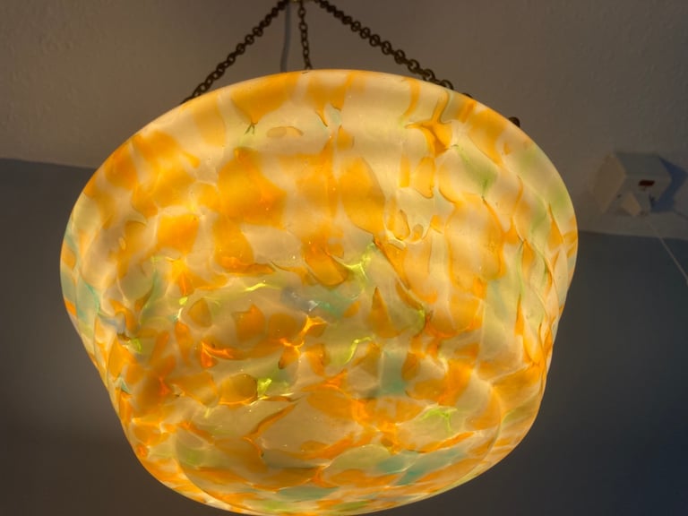 Vintage 1930s Orange, Green & White Marbled Flycatcher / Plafonnier Glass Lamp Shade