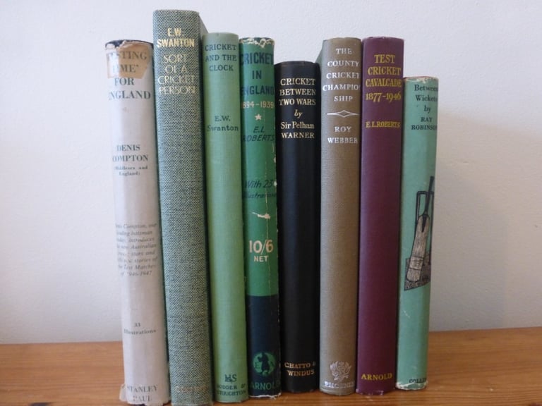 8 vintage Cricket hardback books - Pelham Warner, Swanton, Denis Compton etc. Mostly 1940s