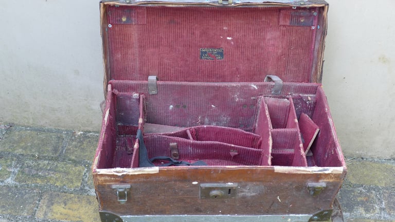 2 seriously distressed ANTIQUE VINTAGE MOVIE CAMERA CASES BOXES. Maker: James A Sinclair of London