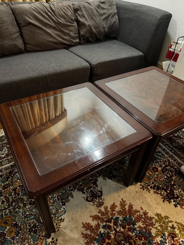 image for Pair of Elegant Wooden Coffee Tables with Glass Tops
