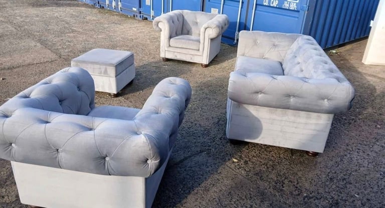 Beautiful Grey Velvet 3 Seater, 2 Single Chairs and Matching Footstool Sofa Set