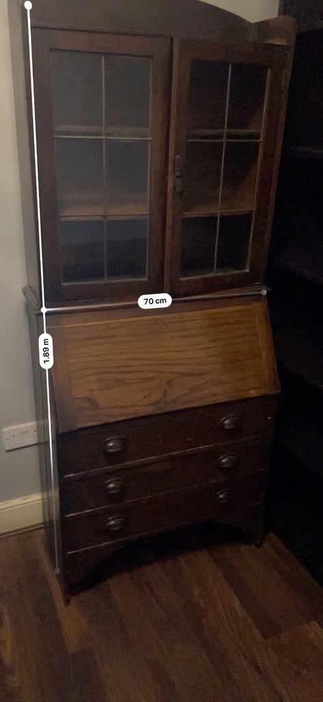 Antique brown writing desk and cupboard