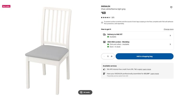 image for 6 x EKEDALEN Chairs, White/Ramma Light Grey