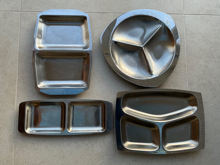 image for Assortment of 4 different Stainless Steel Serving Dishes, Trays with 2 or 3 Compartments, Sections