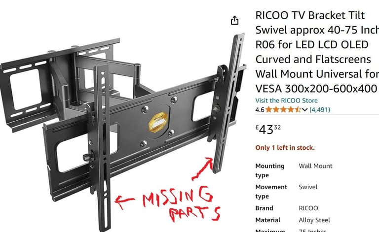 image for  Ricoo TV bracket 40-75 inch tilt swivel. Heavy duty