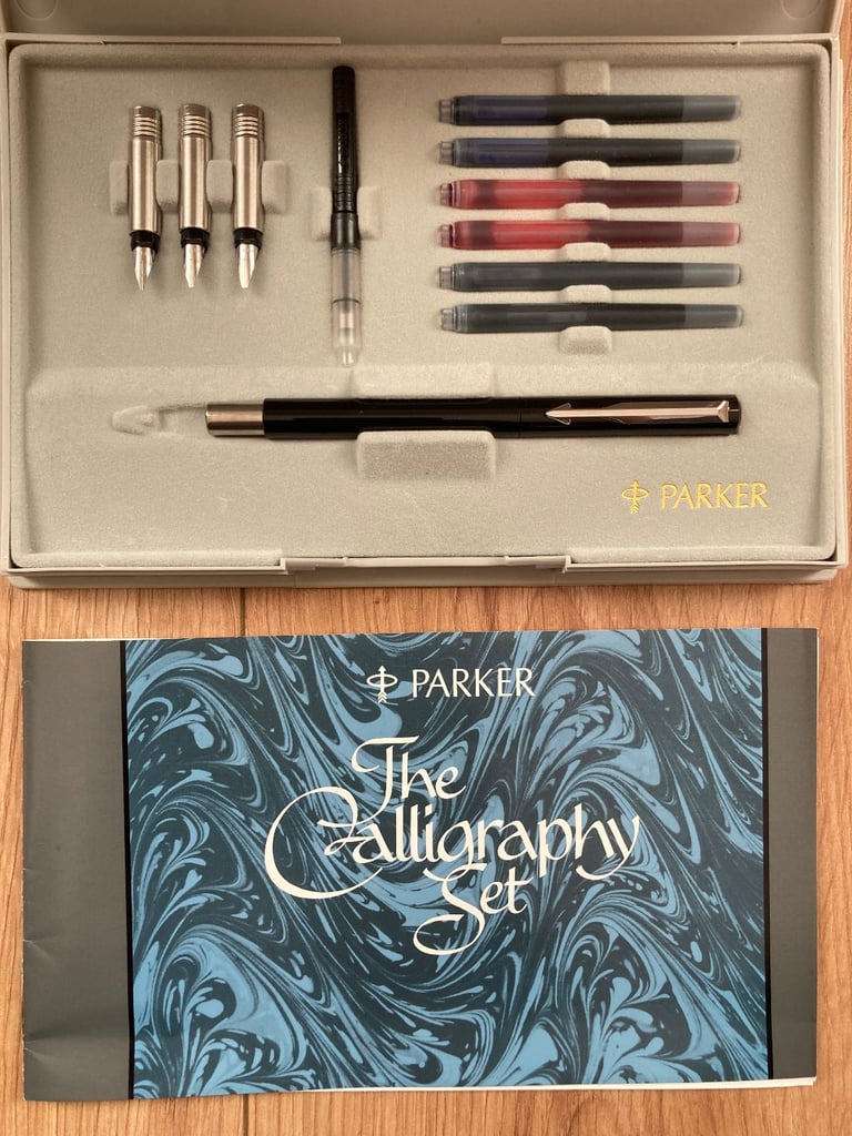 image for PARKER Calligraphy Fountain Pen Set 4 Nibs 6 Cartridges and Case 