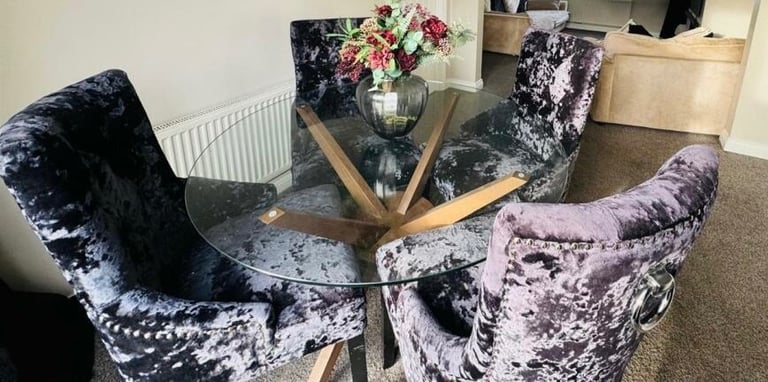 image for Round glass dining table - dark wood legs