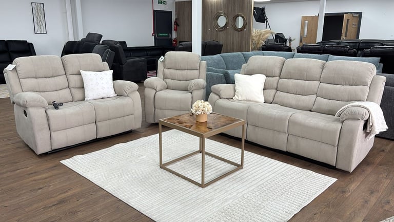 Beige Fabric 3+2+1 Seater Sofa Set Manual Recliner 