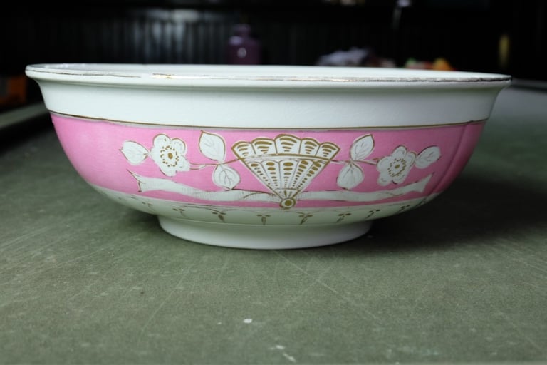 image for Large antique pink and white washstand bowl