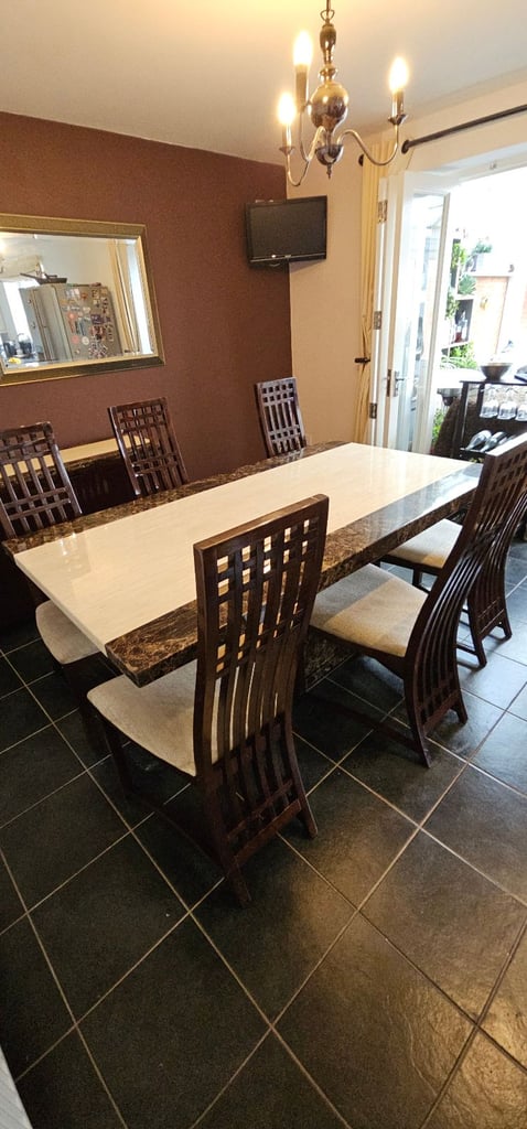 Dining table - Marble table 6 chairs and matching sideboard cabinet