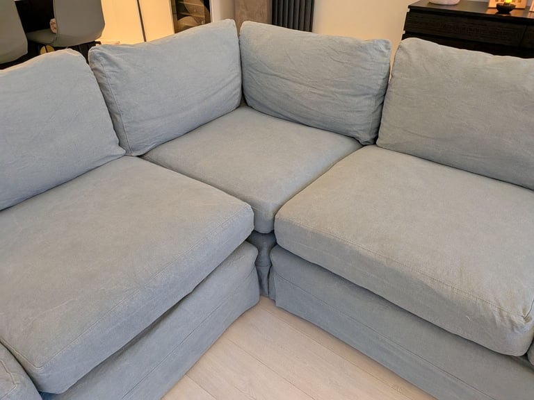 ONO..Stunning superior corner sofa, light blue quality feather filled and foam sofa