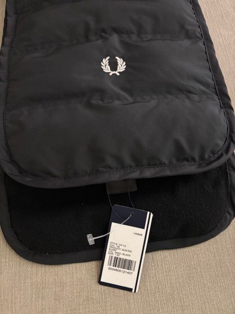 image for Fred Perry Quilted Scarf C4112. BNWT. Black with White Fred Perry Logo. Cost £75. Accept £33 ono