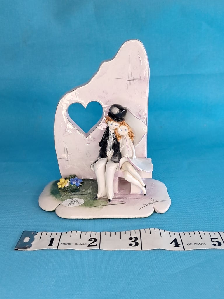 image for Zampiva Artist Signed Italy Art Vintage Couple in Love Heart Cutout Rare Retired.