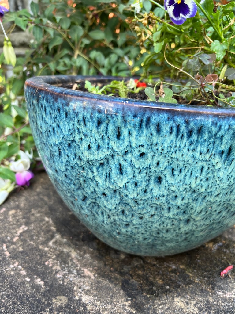 Speckled Blue Oval Ceramic Planter - 35cm | Indoor Outdoor Garden Pot