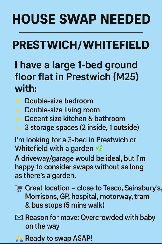 image for House swap 1 Bed Large Flat Prestwich for a 3 Bed in Prestwich 