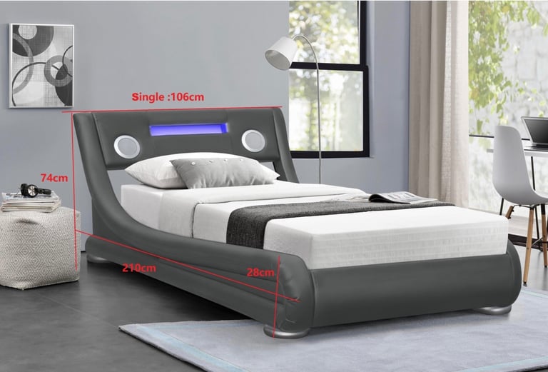 image for Mojo Bluetooth Speakers LED Bed - Black PU Leather - Single & Mattress