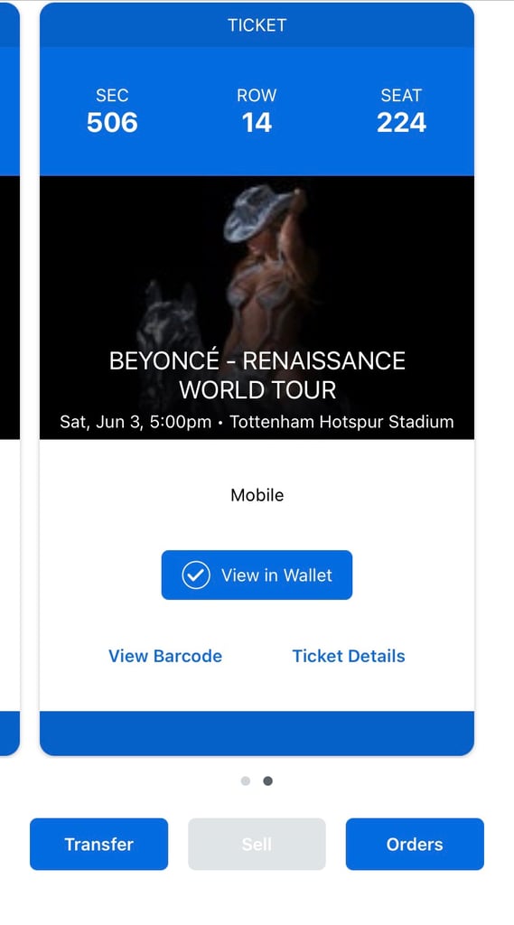 2 Seated Tickets - BEYONCÉ RENAISSANCE WORLD TOUR - Tottenham - 3/6/23