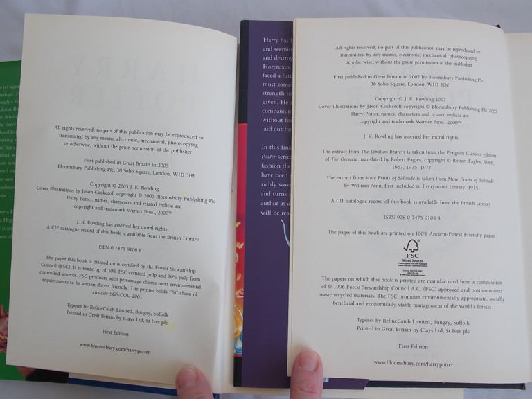 Harry Potter 1 -7 Bloomsbury Book Set Hardback Paperback 1st Editions with publishing Errors (a)