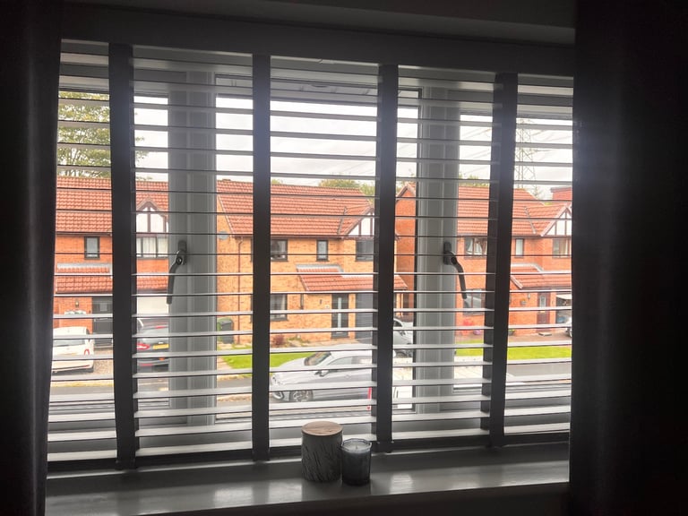 image for Pale Grey Wooden Plantation Style Blinds – Thick Slats with Wood Grain