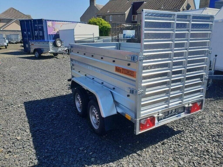 BRAND NEW 8,7FT X 4,2FT TWIN AXLE DOUBLE BROADSIDE TRAILER WITH RAMP 750KG UN BRAKED