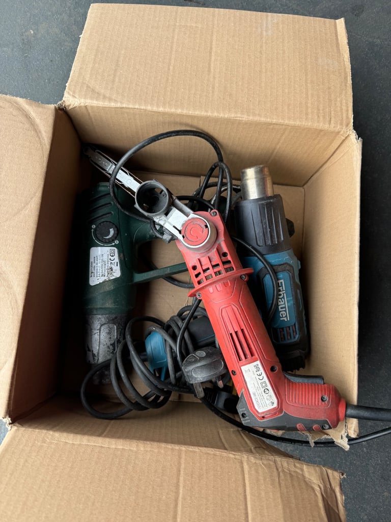 X3 Job lot box of tools heat guns finger sander