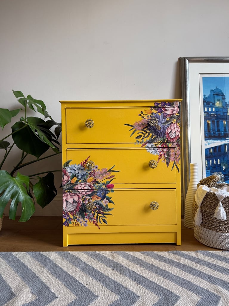 Small Chest of Drawers Bedside Table Yellow Painted , flowers transfer