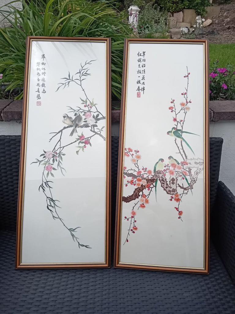 Beautiful large pair of Chinese silk embroidered  framed pictures 125 x 38.5 cm