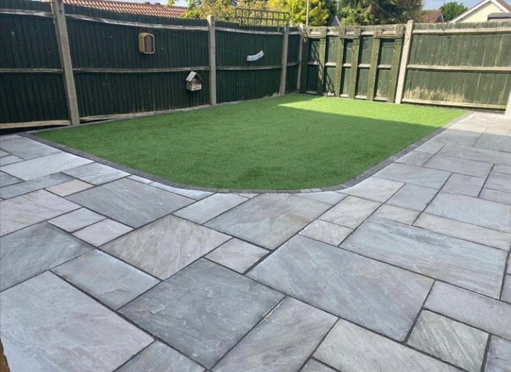 Block paving Indian stone flags tarmac turf fence 