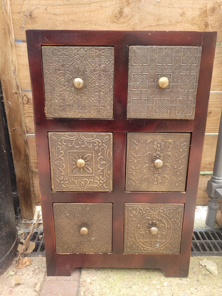 image for Embossed Metal and Wooden 6 Drawers 