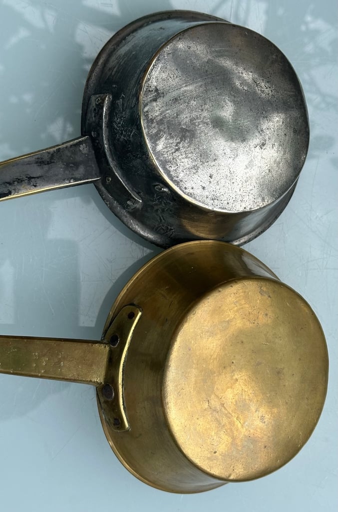 ANTIQUE FRENCH BRASS LADLES, HANGING DIPPERS, LOUCHES, L38cm - 1800s KITCHENALIA - WILL POST!