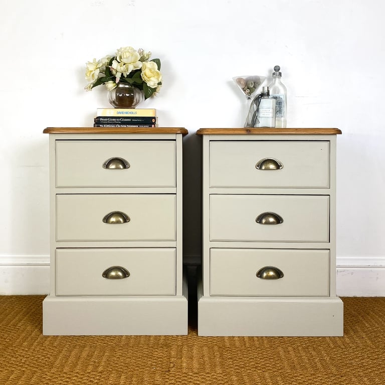 Pair of chunky solid pine bedside tables cabinets chest of drawers