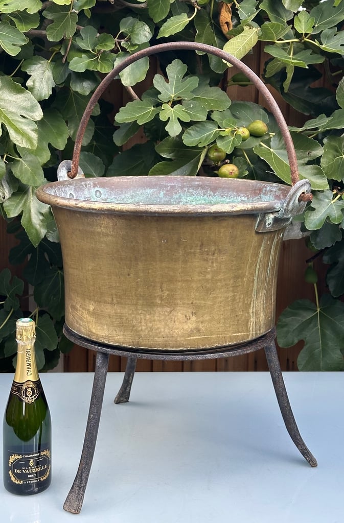 LARGE ANTIQUE FRENCH COPPER CAULDRON & STAND, LOG BUCKET, PLANTER, L58cm - 1900s - WILL POST!