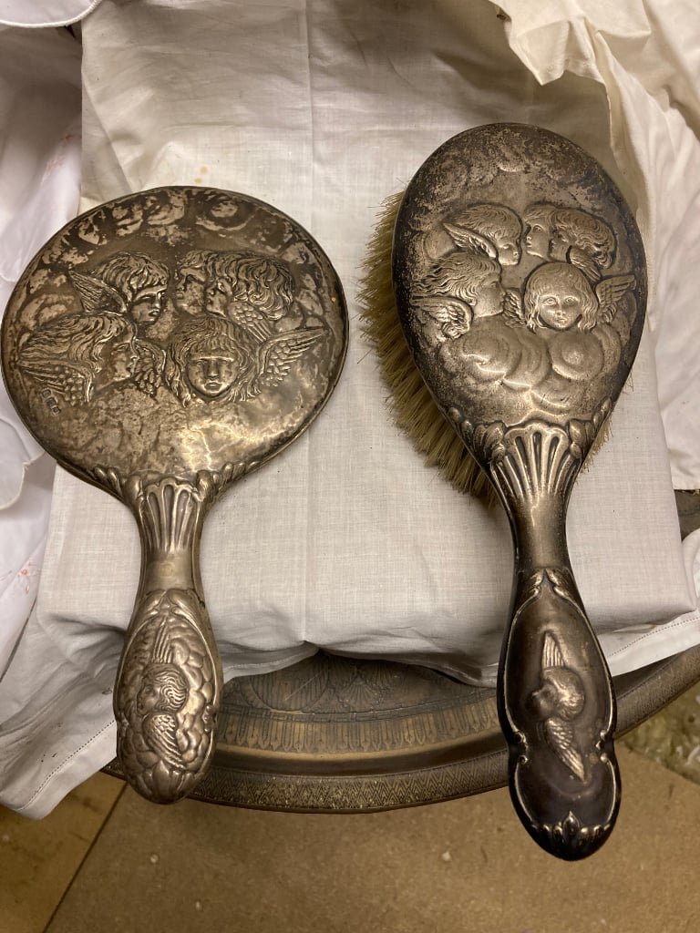 Antique Vanity Mirror And Hair Brush 