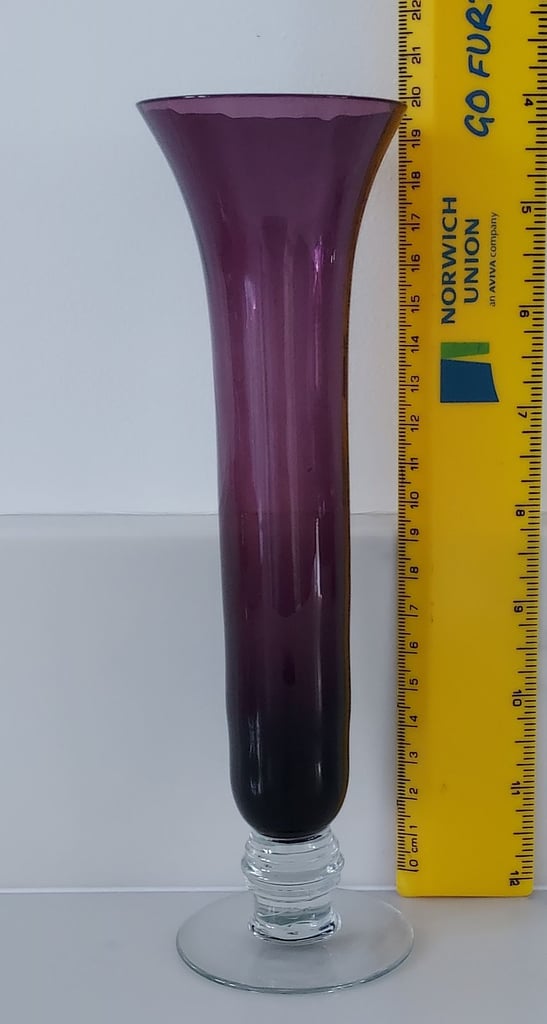 Vintage Purple Glass Bud Vase Clear Foot 20.5 cm Tall
