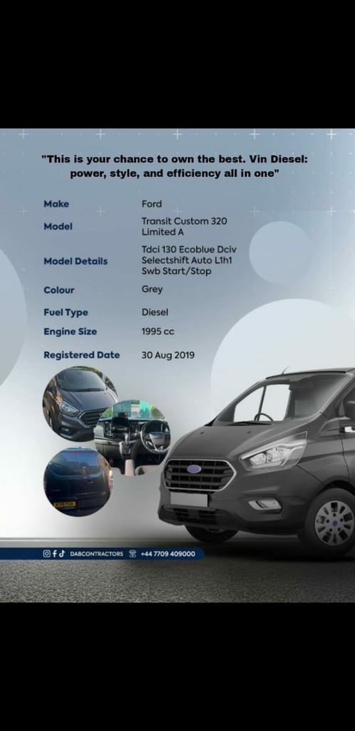 Ford, TRANSIT CUSTOM, Panel Van, 2019, Automatic, 1996 (cc)