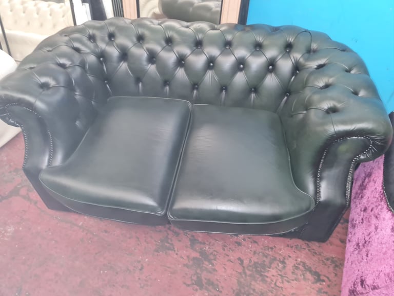 Chesterfield 2 seater sofa.antique green real leather 