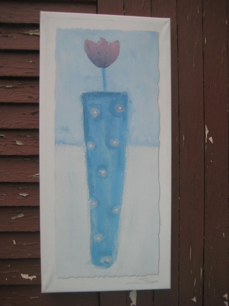 image for Simplicity - Single Tulip in a Blue Glass Vase Painting on Canvas for £5.00