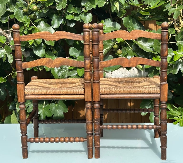 VINTAGE FRENCH BOBBIN LEG CHAIRS, CORNER CHAIRS, RUSH SEAT, H74cm - 1900s ARTS & CRAFTS - WILL POST!