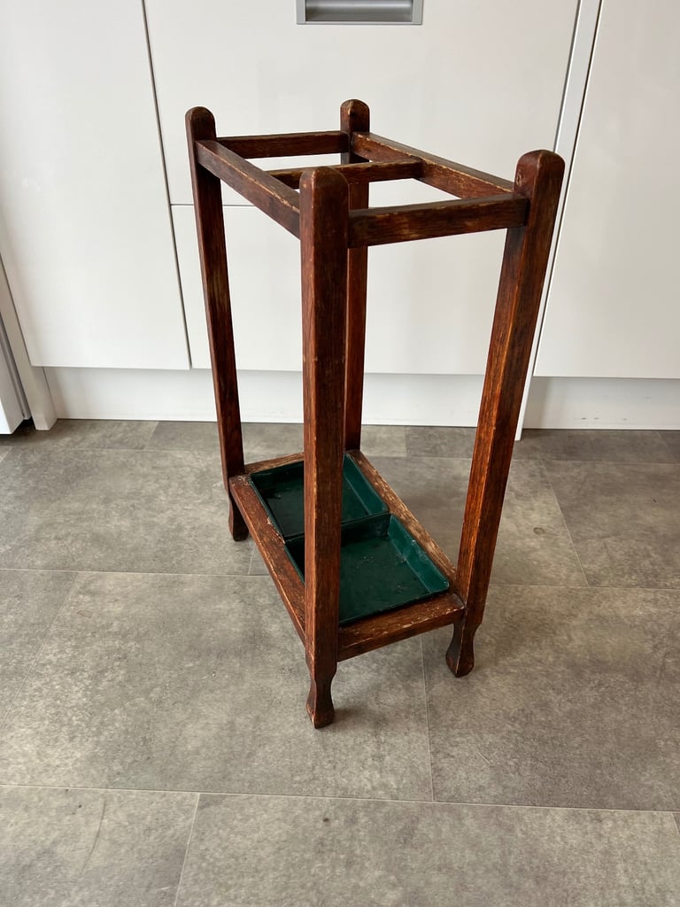 Vintage Wood Umbrella Stand with 2 Green Metal Drip Trays