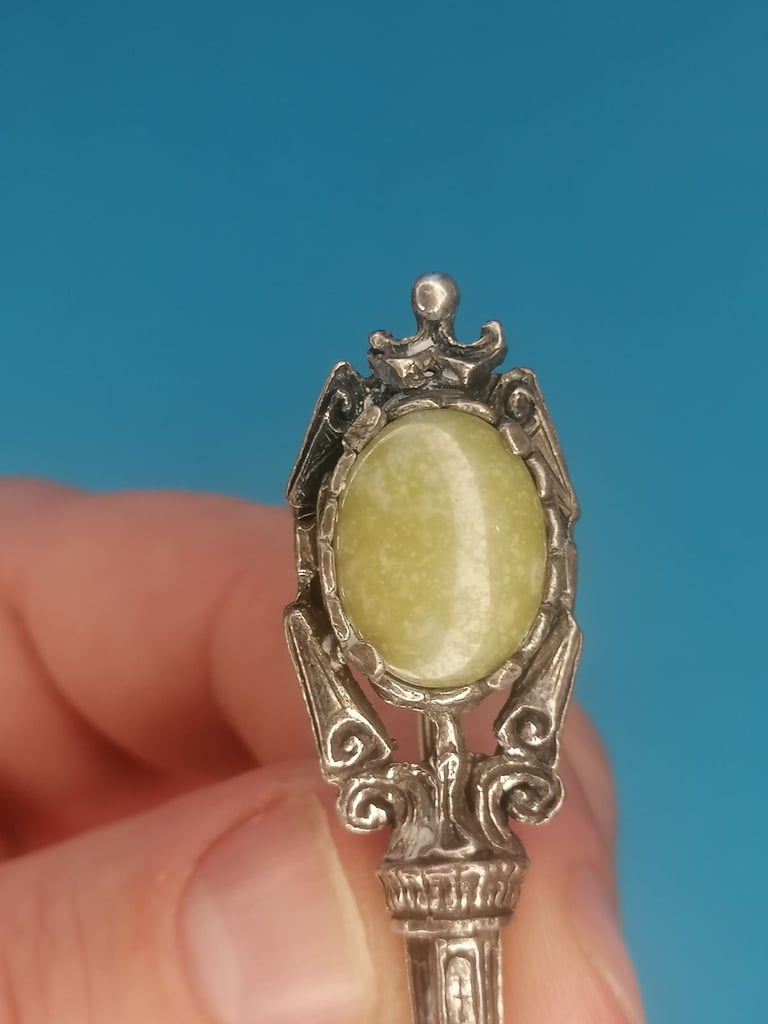 Vintage MIRACLE Celtic Scottish Staff Light green, marbled white stone Brooch Pin.