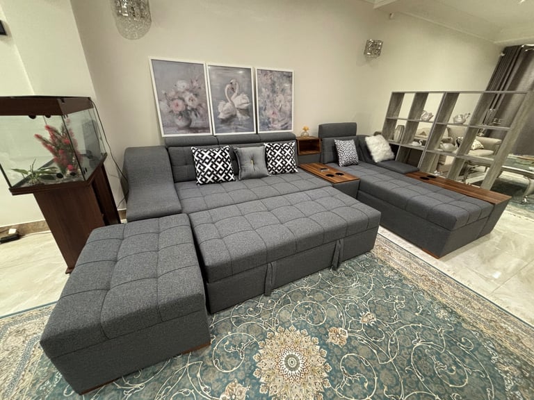 Modern Gray Sofa Bed with Storage & Wooden Tables