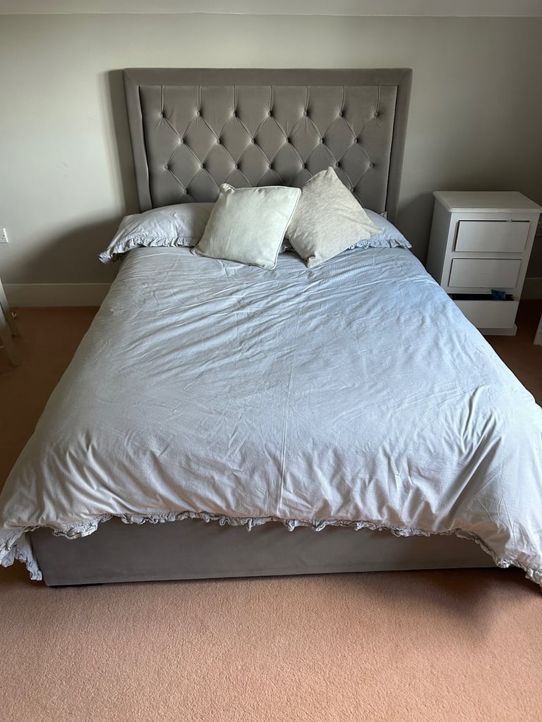 Double bed in grey faux velvet