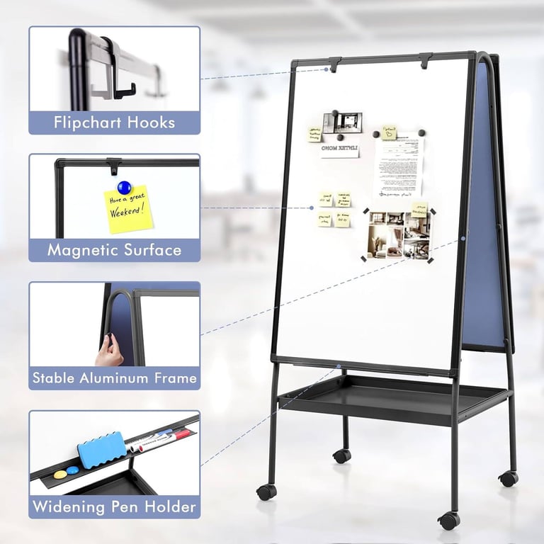 BRAND NEW : MAKELLO Rolling Whiteboard – 90x60cm, Double-Sided, Height Adjustable, Storage Tray