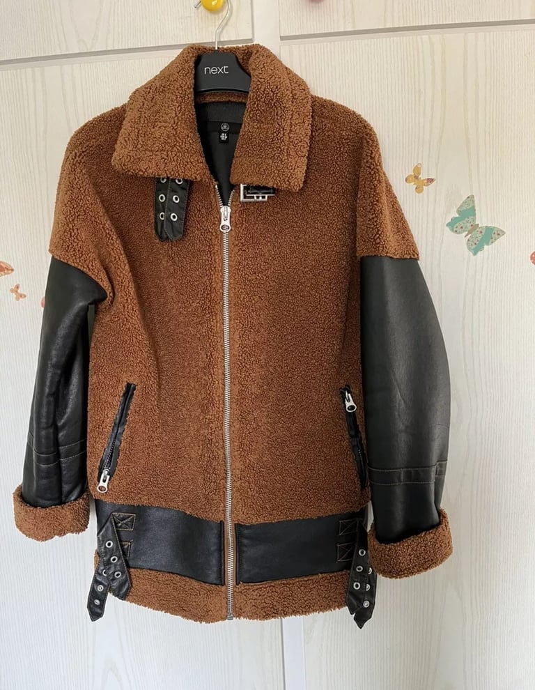 image for Missguided women coat teddy jacket brown black colour block zip coat Uk 8 10 £75