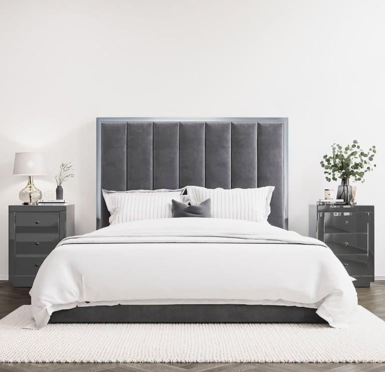 Grey Velvet King Size Ottoman Bed with High Headboard