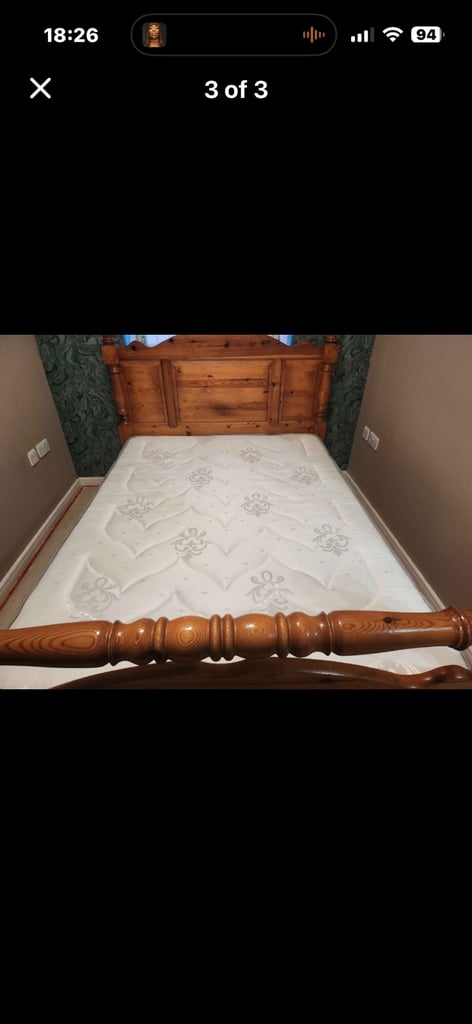 image for Good quality solid pine double bed with clean mattress 