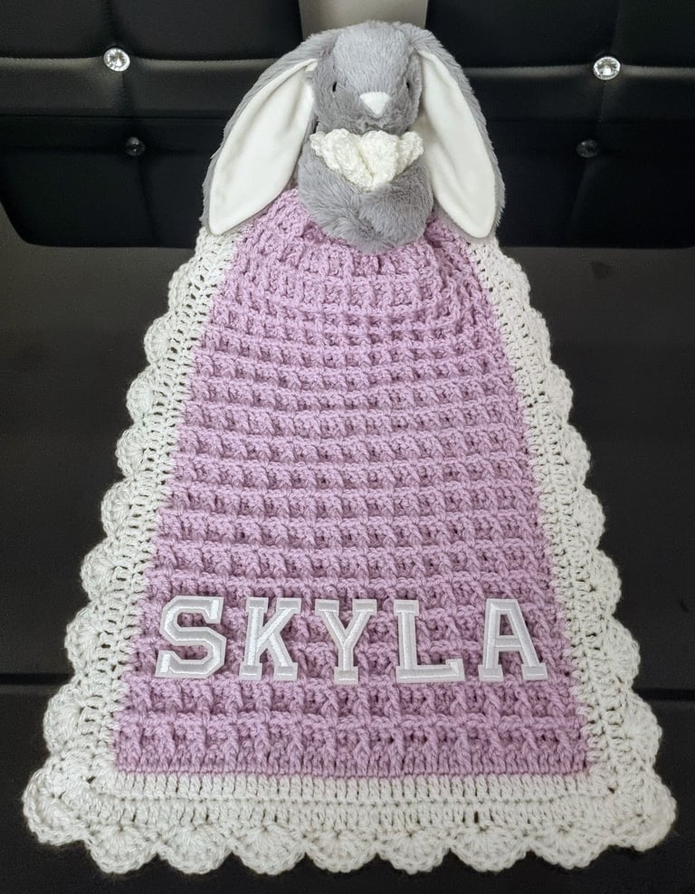 Crochet Baby Comfort Blanket, Personalised, Girls and Boys colours available